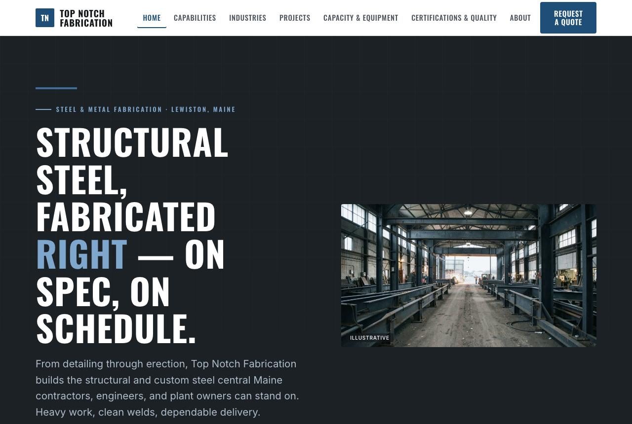 The Top Notch concept site for a steel fabricator, built on placeholder content