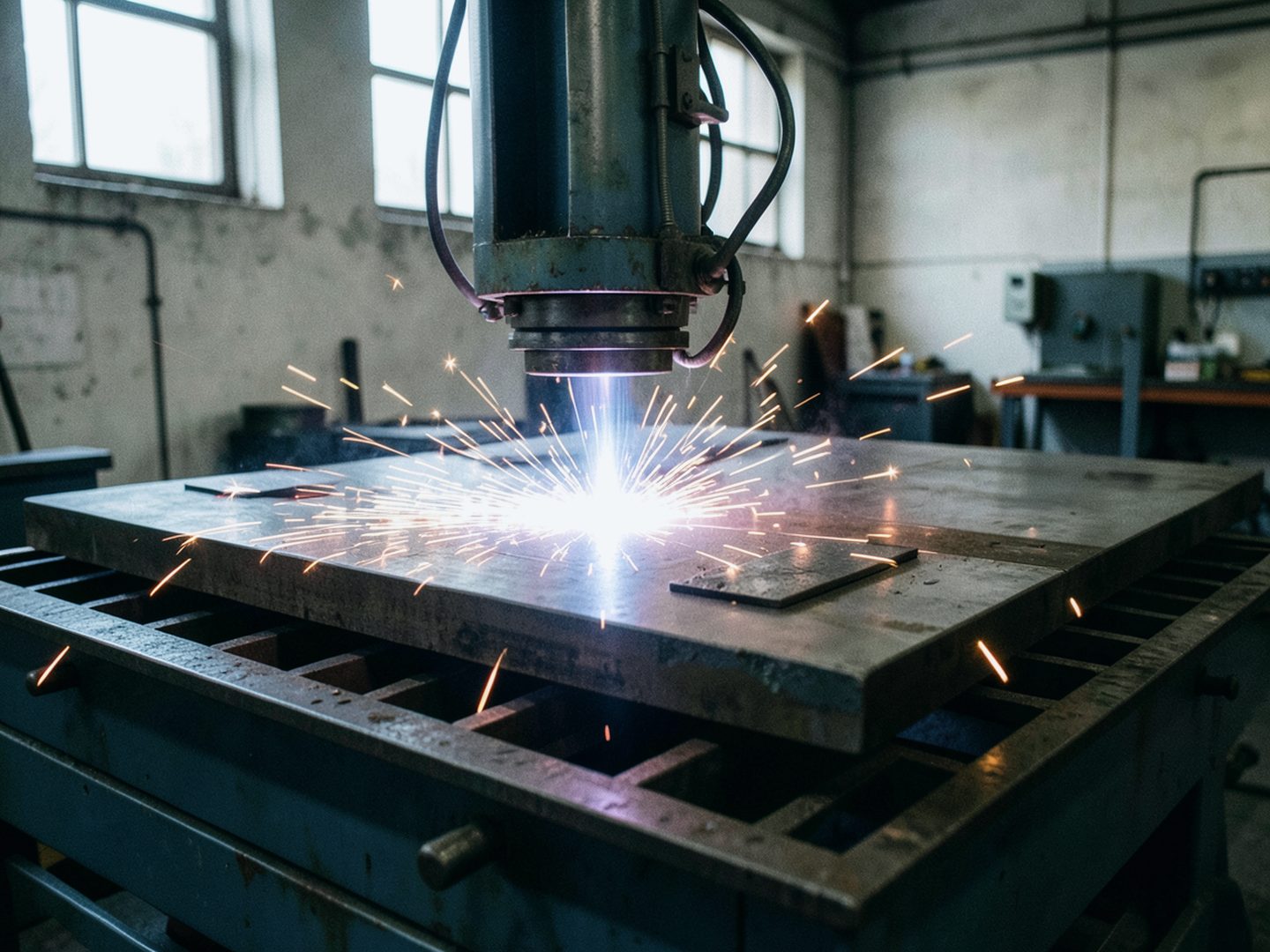 Illustrative photo: Detail photo — CNC plasma table cutting steel plate with sparks