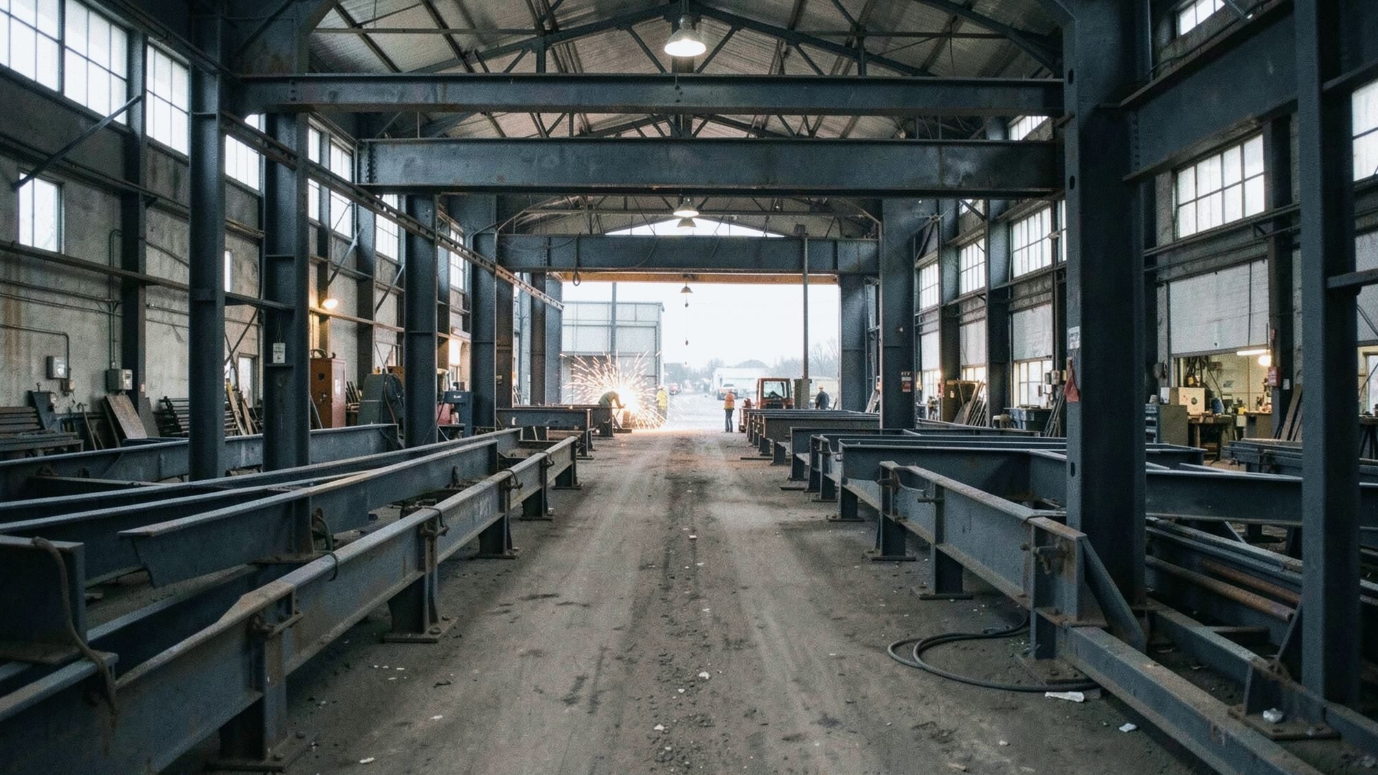 Illustrative photo: Shop floor — structural steel under fabrication