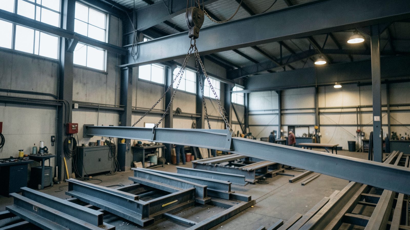 Illustrative photo: Material handling — overhead crane / staged steel members