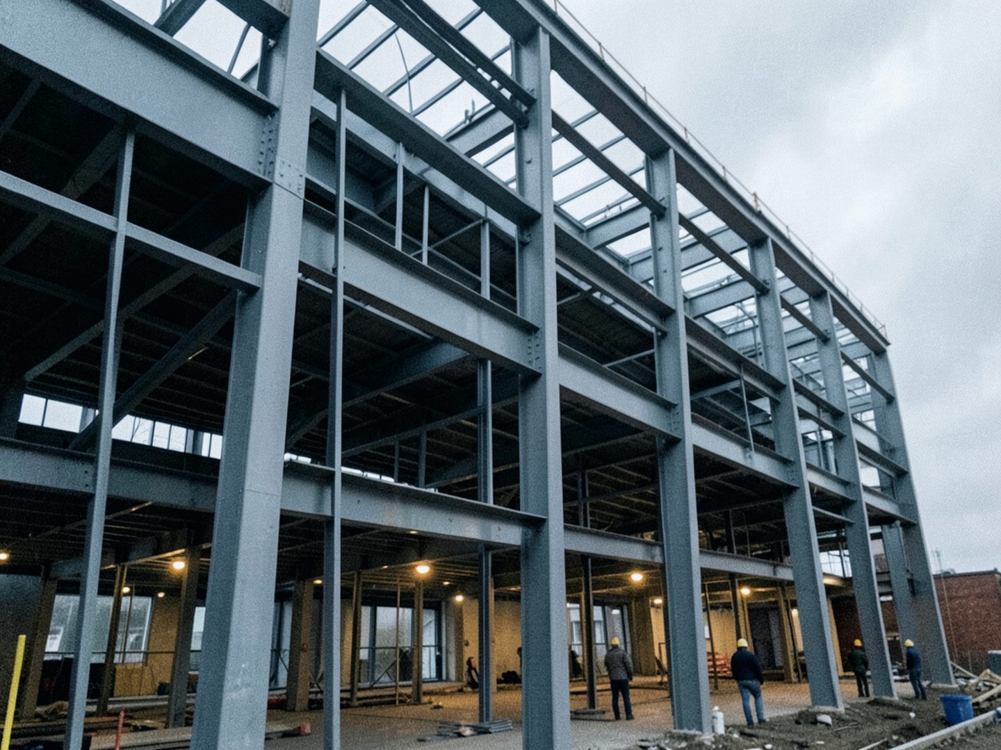 Illustrative photo: Commercial construction site — steel framing