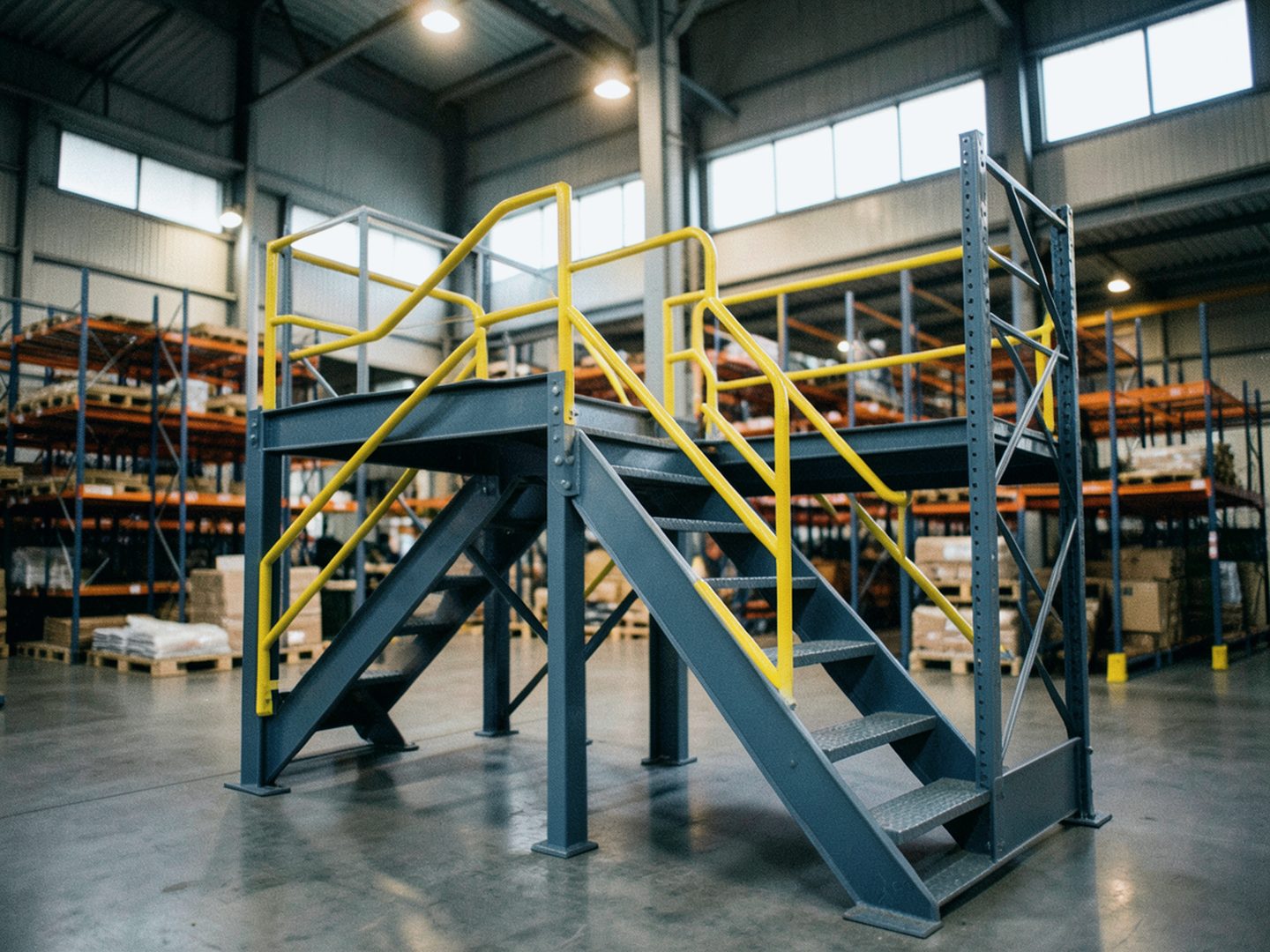 Illustrative photo: Steel mezzanine & stairs in a warehouse