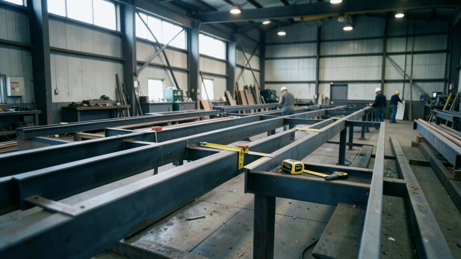 Illustrative photo: Shop floor — fabrication bay with steel laid out for fit-up