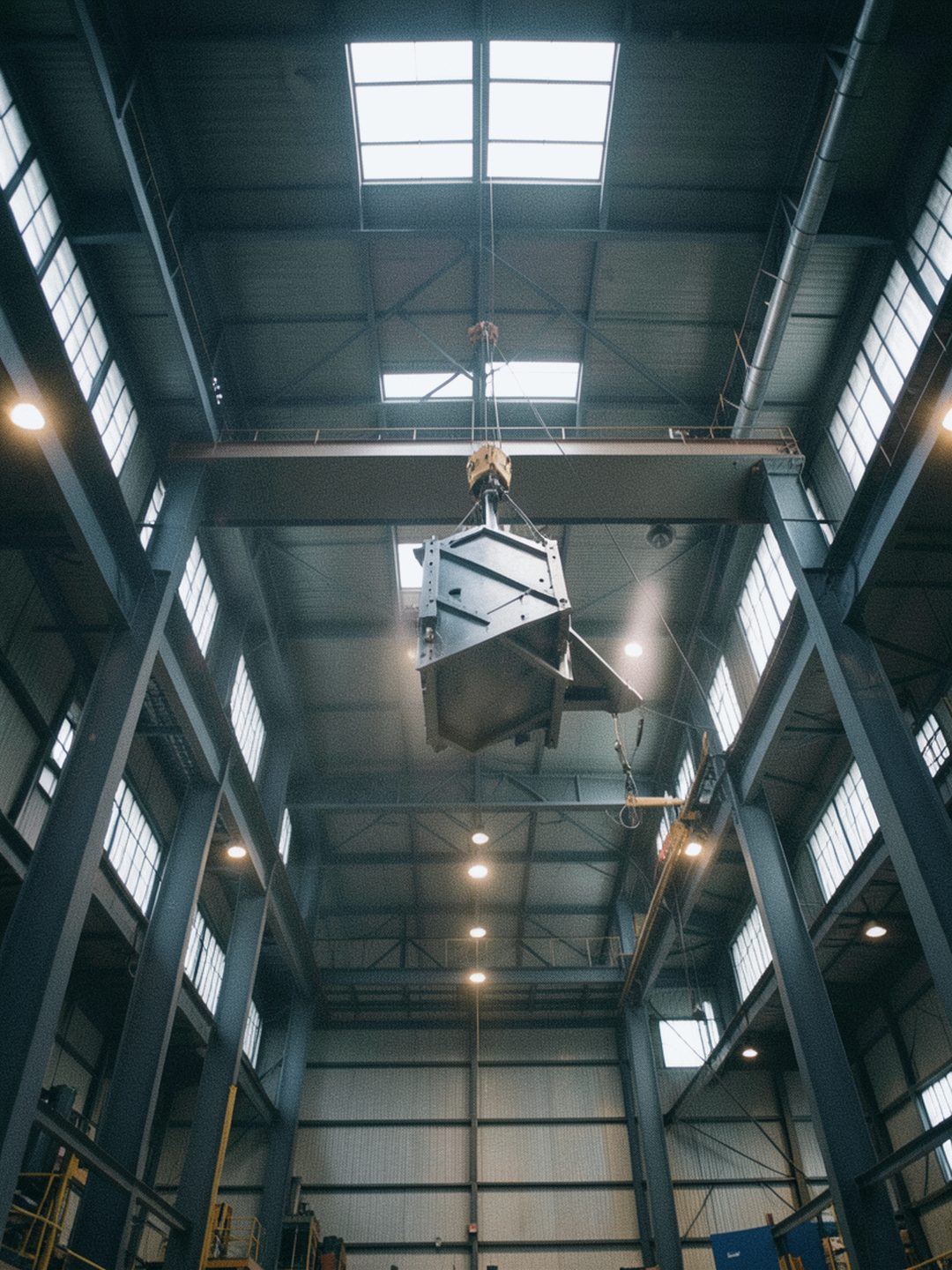 Illustrative photo: Wide shop-floor photo — overhead crane lifting a steel assembly across the bay