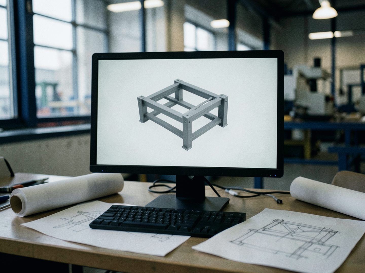 Illustrative photo: Steel detailing drawings / model on screen with shop in background