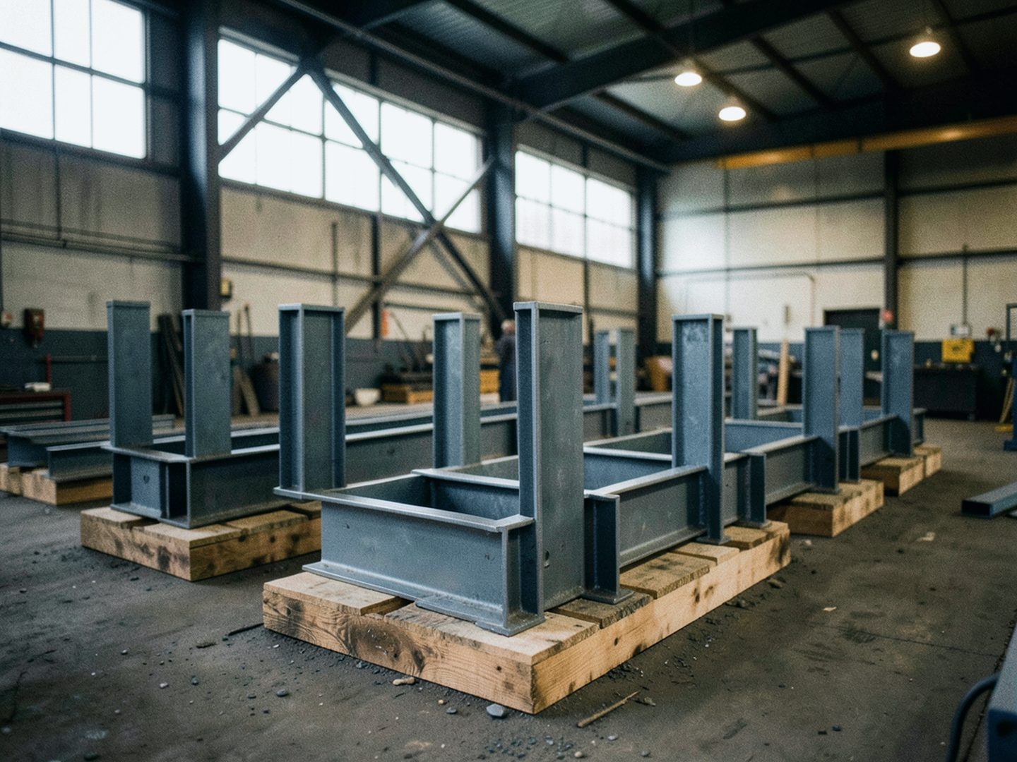 Illustrative photo: Structural steel beams & columns staged in the shop